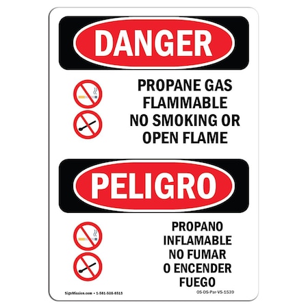 OSHA Danger Sign, Propane Gas Flammable No Smoking, 10in X 7in Aluminum